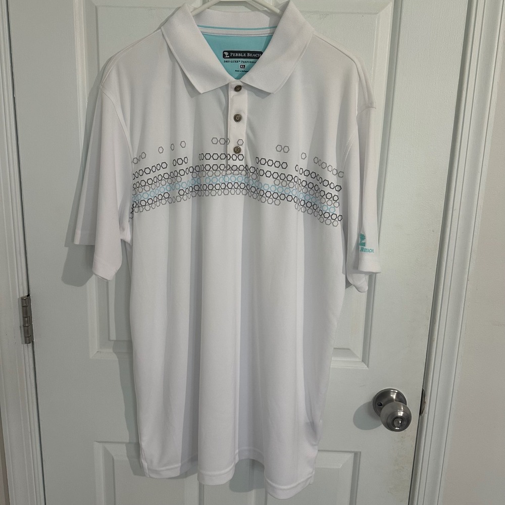 Pebble Beach XL Dry-Luxe Performance Golf‎ Polo Shirt White Hexagon Print